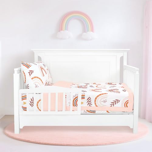 Image of Pea Pod Muslin Toddler Bedding Set Rainbow 3-Piece - Soft Breathable Crib Bedding with Fitted Sheet, Quilt & Pillowcase for Infant & Kids Bed | Machine Washable Nursery Bed Set