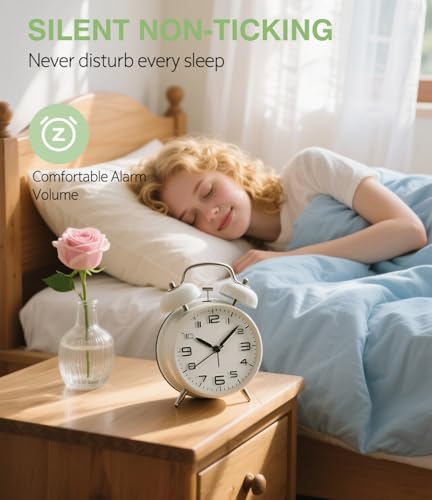 Miniatura 2 de Ysyyey - Reloj Despertador Analógico, Con Doble Campana, Extra Fuerte Para Personas Con Sueño Profundo, Sin Tictac, Funciona Con Baterías Con Luz Nocturna, Reloj De Mesa Vintage De Metal Para Adultos