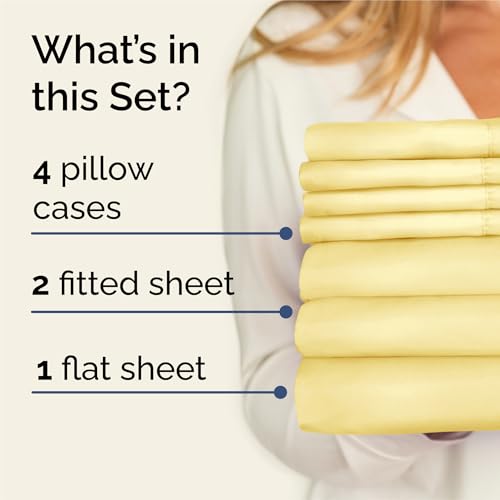 Image of Split King 7 Piece Bed Sheet Set - Comfy, Breathable & Cooling - Yellow | Ultra-Soft Hotel Luxury Bedding Set w / 8-16 Inch Deep Pockets, 1 Flat & 2 Fitted Sheet & 4 Pillowcases, Wrinkle & Fade Free