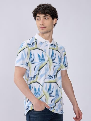 Image of Spykar Men's Slim Fit Polo Neck Half Sleeve Printed Casual T-Shirt