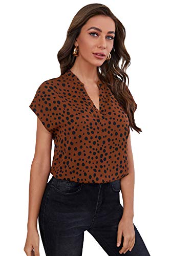 Shein Women's Short Sleeve Notched Neck Blouses Printed Tunic Blouse Top Coffee Brown S #TOP23