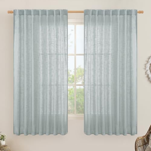LAMIT Extra Wide Linen Curtains for Living Room, Light Filtering Faux Linen Textured Panels Semi Sheer Back Tab and Rod Pocket Boho Drapes for Farmhouse, 2 Panels, Greyish Blue, 60 x 63 Inch