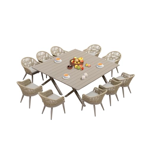 Image of PURPLE LEAF 12 Pieces Patio Dining Set with Outdoor Aluminium Dining Table and Woven Chairs Modern Metal Furniture Cushions Sets for Garden Yard Indoor Decor Kitchen Champagne