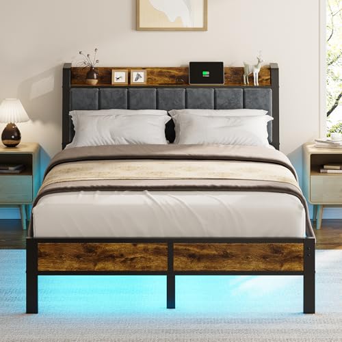 Image of Liians Full Size Bed Frame with Smart LED Light, Wood Storage Charging Station Headboard, Metal Platform Bed, No Box Spring Required, Easy Assembly, Noise Free