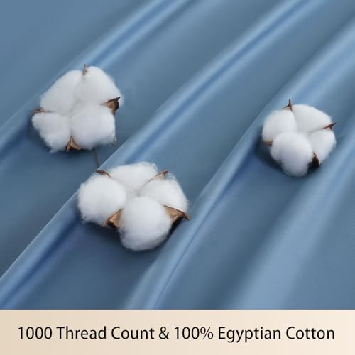 MEISHANG Extra Deep Pocket King Sheets Cotton - 1000 Thread Count Sheets - Fits 18"-24" in Deep Mattress,100% Egyptian Cotton,Sateen Weave, Soft & Breathable - 4 Piece (King, Smoky Blue)