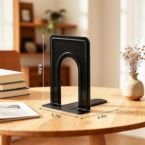 Image of HappyHapi Book Ends, Metal Bookends for Shelves, Non-Skid Book End to Hold Books, Black Book Stopper /Holder for Office Home Kitchen, 5.7X 4.9 X 6.5 in, 3 Pair(6 Pcs, Large)
