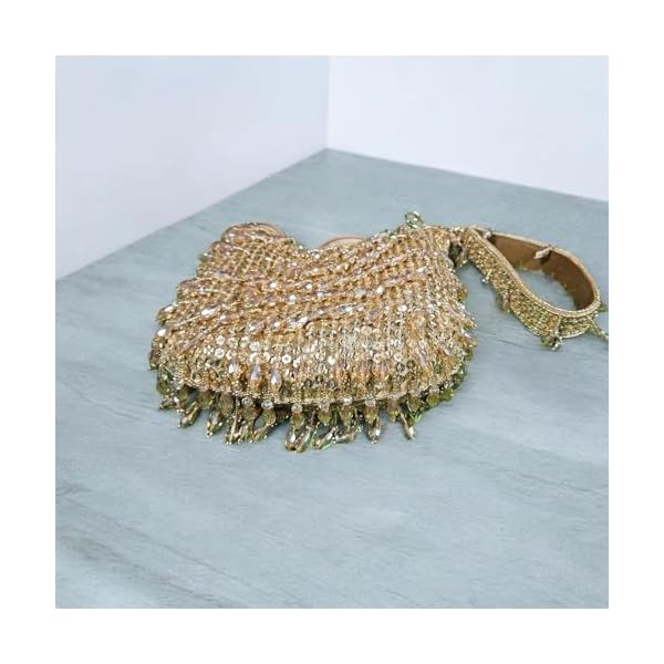 IBRA HANDICRAFTS Ladies/Women Gold Nakaa Tikki Beaded Tassel Fringes Bridal Potly Bag Wristlet Purse for Wedding (Golden Sweat Velvet) - Image 4