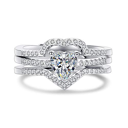 Uloveido 3pcs Set Womens Heart CZ Wedding Bands Engagement Ring Enhancer Adjustable Open Bridal Rings Platinum Plated