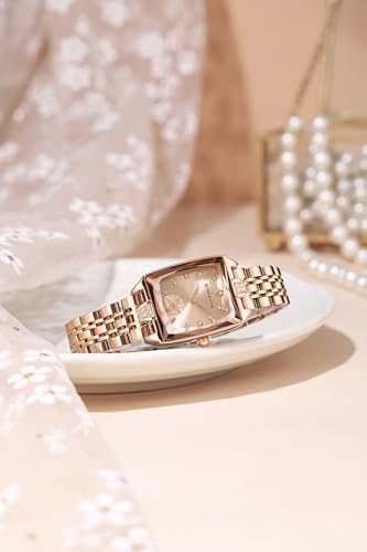 Image of Giordano Analog Watch for Women - Rectangular Dial, Crystal Hour Markers and Rose Gold Stainless Steel Strap