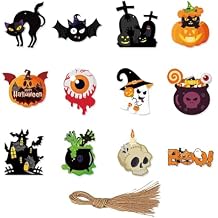 12 Halloween Tree Ornaments Scary Pumpkin Black Cat, House of Horror Cemetery Bat Skull Ghost Decorations with Ropes for Halloween Party Decorations