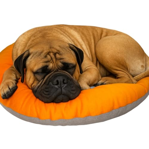 Image of The Pets Company Calming Dog & Cat Bed | Soft Fluffy Donut Reversible, Washable Pet Bed for Puppies | Cozy Plush Anti-Anxiety Cushion |, (L-38 Inch x B-38 Inch x H-6 Inch), Orange & Grey-XLarge