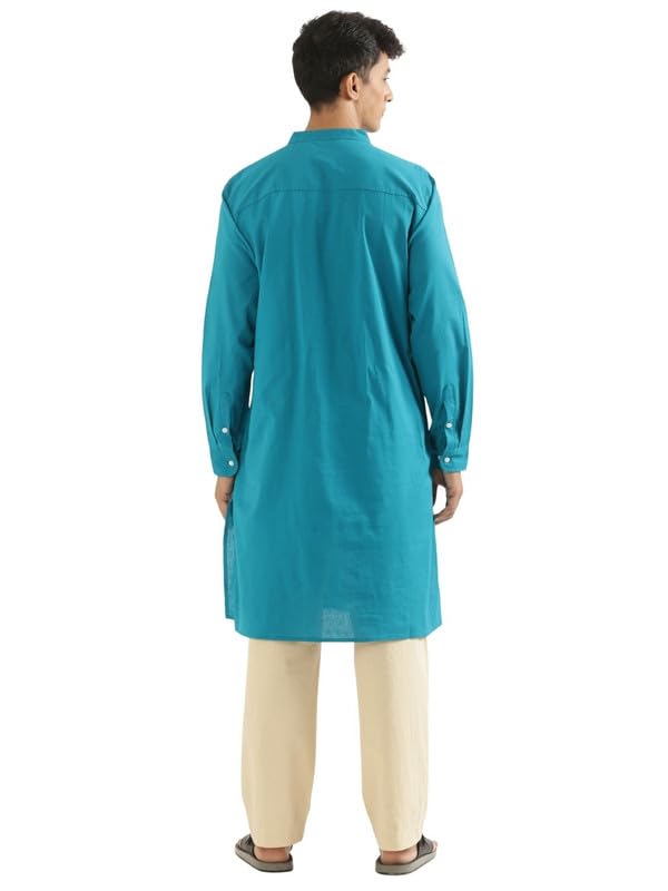 Image of SAADAA Men's Long Kurta - Linen Cotton Blend, Airy Fabric, Regular Fit, Mandarin Collar, Solid Color - Casual, Festive & Ethnic Wear