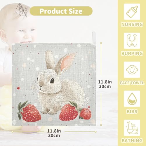 vvfelixl Rabbit Strawberries Baby Burp Cloths Baby Muslin Washcloths for Boys Girls Cotton Babys Face Towel for Newborn Infants Soft and Absorbent 11.8 X 11.8 in, 5 Pack4