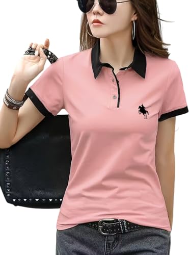 Image of GLASGO Pure Cotton Regular Fit Plain Solid Classic Polo Collar Half Sleeve T-Shirt for Women (Colors: Black, Brown, Peach, Pink)