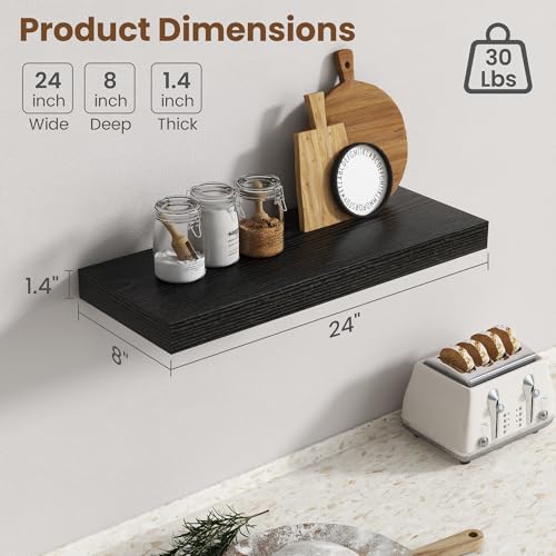 Image of 24 Inch Floating Shelves for Wall, 8 Inch Deep Floating Shelf for Storage & Display, Rustic Wall Mounted Shelf with Invisible Brackets for Living Room, Kitchen, Bathroom, Home Decor, Set of 2, Black
