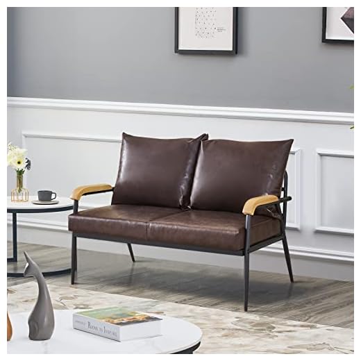 LEMROE Canapé Moderne 2 Places en Cuir avec Cadre en métal et accoudoirs en Bois pour Salon, Chambre d'amis, Bureau (Marron foncé, Canapé 2 Places)