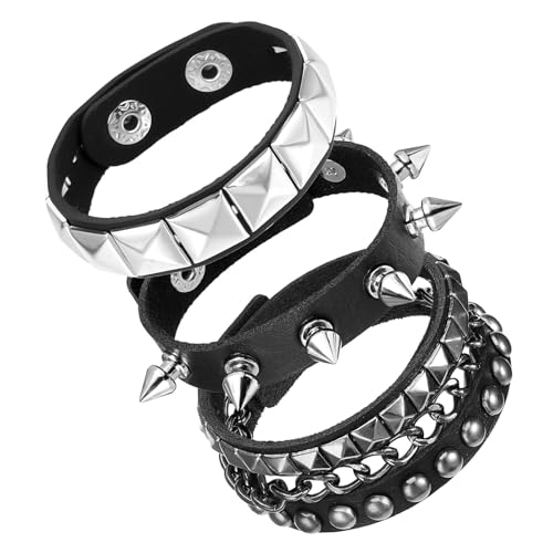 Pulseras de Cuero Punk,3 PCS Pulsera de Cuero Punk con Tachuelas y Pinchos Ajustable para Hombres y Mujeres Estilo Rock Gótico de los 80 Brazalete de Muñeca para Fiestas Halloween y Regalos