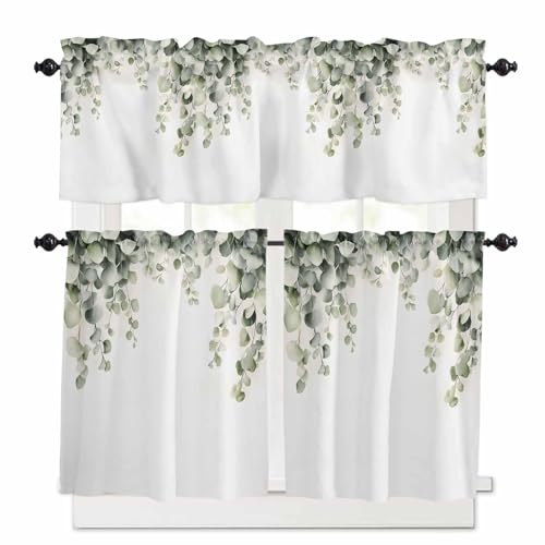 Sage Green Leaves Kitchen Curtains 24 Inch Length,3 Piece Rod Pocket Small Half Tiers and Valance Set,Watercolor Spring Botanical Eucalyptus Small Large Window Treatment Decor for Bedroom/Bathroom