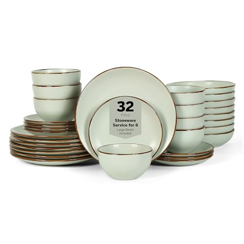 Image of Stone Lain Brasa Stoneware 32 Piece Modern Dinnerware Set, Plates and Bowls, Service for 8, Light Green, Microwave & Dishwasher Safe