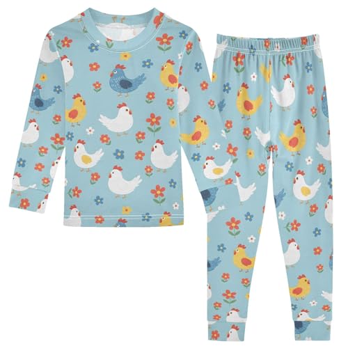 Pajama Sets Long Sleeve Chicken Flowers on Blue Soft Comfy Sleepwear 2 Piece PJS 3-8T