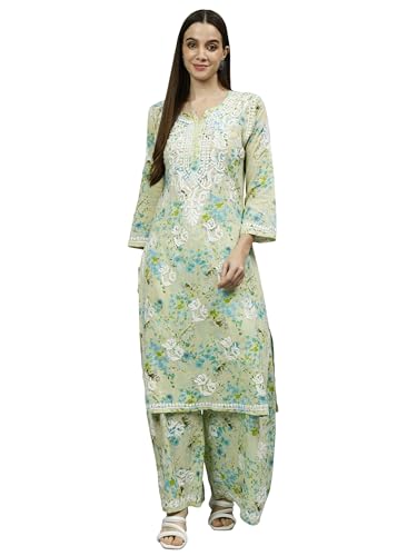 Image of Seva Chikan Hand Embroidered Lucknowi Chikankari Mal Mal Straight Printed Kurta & Palazzo Set for Women SCL8041