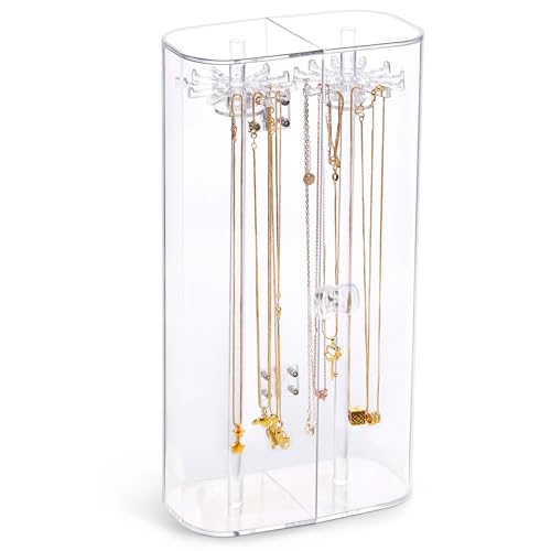 Spinning Tubular Acrylic Jewelry Storage Holder, Rotating Organizer - 24 Hooks for Dressing Table, Cosmetic Stations, Dresser, Bathroom Vanity Countertop - Holds Necklaces, Bracelets Clear by iMotion - Used condition - US$11.41