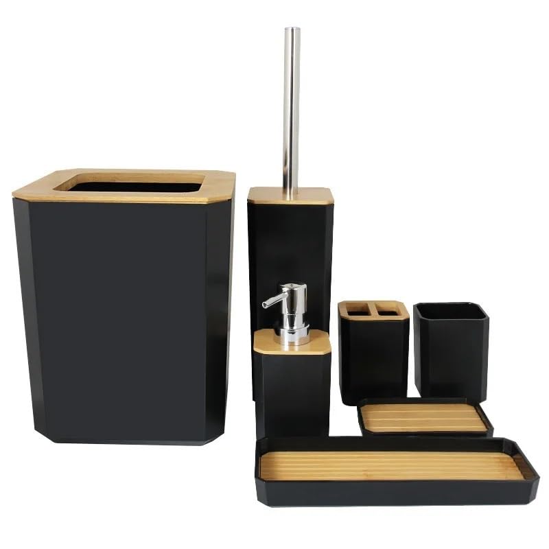 Set dispensador de jabón conjunto de accesorios de baño de bambú, kit de plástico, dispensador de jabón, taza de cepillo de dientes, jabonera conjunto de baño accesorio(Gray 6pcs C)