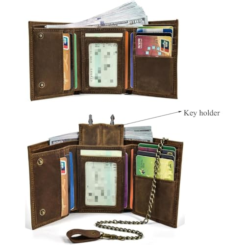 Genuine Leather Wallet for Men Retro Trifold Wallet with Chain RFID Blocking Anti-Theft Card Slots and Secure Handmade Leather Construction (Brown)2