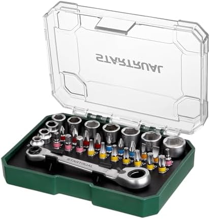 STARTRUAL 31-Piece 1/4" Mini Ratchet Set, Right Angle Screwdriver, Pass Through Socket, Low Profile Ratchet Set with Phillips, Pozidriv, Slotted, Hex, Torx and Socket, for Tight Spaces