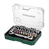 STARTRUAL 31-Piece Low Profile Ratchet Wrench, Right Angle Screwdriver, Pass Through Socket, 1/4' Mini Ratchet Set, 90 Degree Offset Ratcheting Screwdriver for Tight Spaces