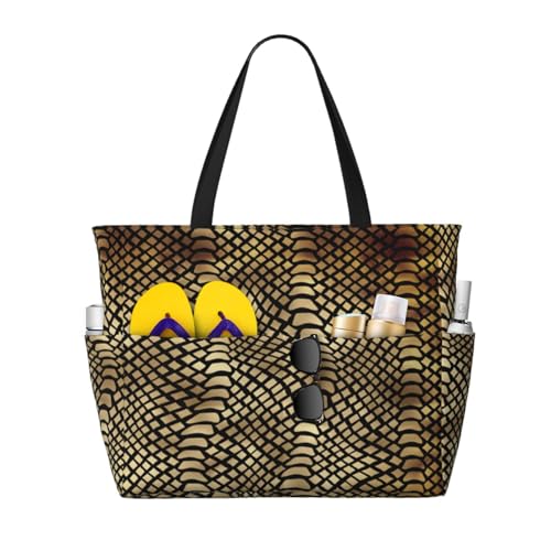Sac de plage grand format à poignées, motif python sauvage noir et or