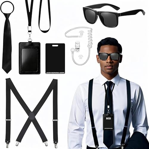 Achbeah Agent Kostüm Zubehör Geheimdienst Kostüm Set Spion Kostüm Zubehör mit schwarzer Sonnenbrille Zip Krawatte Hörer ID Karte und Kartenhalter für Männer Frauen Kinder für Cosplay Party Dress Up