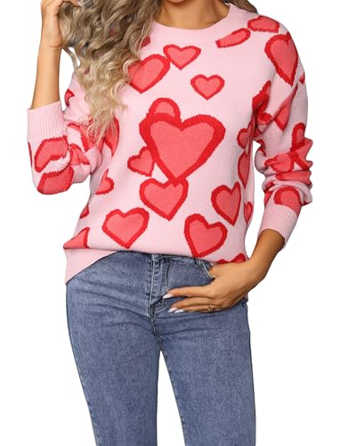 Image of Women Heart Embroidery Sweater Crew Neck Long Sleeve Loose Fit Knitted Jumper Romantic Valentine's Day Sweet Love Knit Top (Pink G, S)