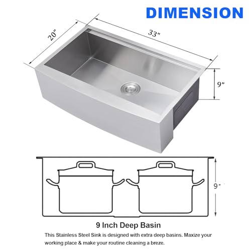Image of 33 Inch Farmhouse Sink, 33x20 Stainless Steel Undermount Single Bowl Apron Front Handmade 16 Gauge 9 inch Deep Farm Kitchen Sink Workstation with Accessories