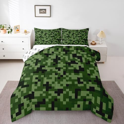 Green Camo Comforter Set Queen Size,Army Green Camouflage Bedding Set 3Pcs for Kids Boys Teens Men Room Decor,Geometric Grid Patchwork Down Comforter Reversible Gamepad Duvet Insert,2 Pillowcases
