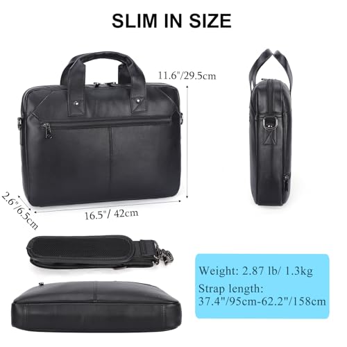 Masa Kawa Mens Leather Slim Briefcase for 16" Laptop Black Waterproof Crossbody Shoulder Messenger Computer Bag for Business Travel Office Work3