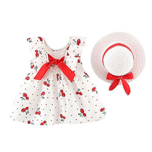 Youmymine Toddler Baby Kids Girls Sleeveless Dress Cherry Dot Princess Dresses Bow Hat Outfits Set (6-12 Months, Red)
