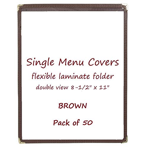 (Pack of 50) Single Menu Covers Laminate Plastic One Page Restaurant Menu Covers Brown Double Stitched with Gold Decorative Corners Commercial Quality Size 8-1/2 x 11