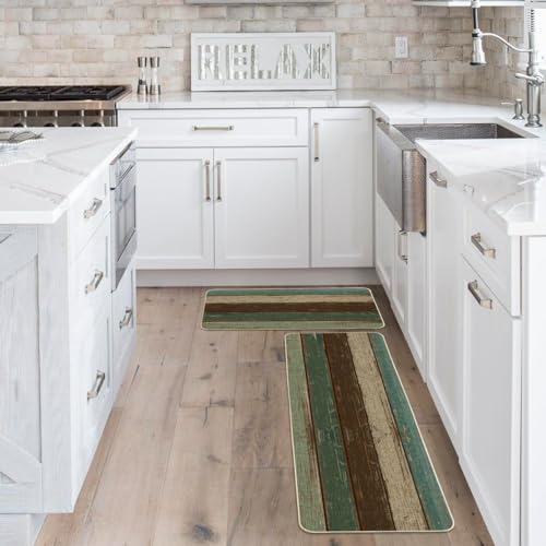 Artoid Mode KITCHENMAT-RUBBER-REGULAR-4373118-041 Green Retro Rustic Wood Texture Kitchen Mats Set Of 2, Home Spring Summer Decor Kitchen Rugs thumb #2
