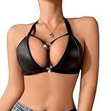 Soutien Gorge Cuir Femme Sexy Halter Lingerie Métal Anneau Bralette Triangle Dos Nu Wetlook sous Vêtements Push Up Brassiere (FR/ES, Alpha/Lettres, Moyen, Taille Normale, Taille Normale, Noir)