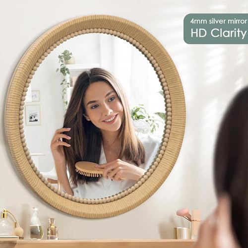 Round Beaded Rattan Mirror: 24 in Handmade Rustic Farmhouse Bamboo Wall Mirror - Wood Frame Boho Wicker Mirror for Home Decor/Farm/Living Room/Bedroom - Image 5