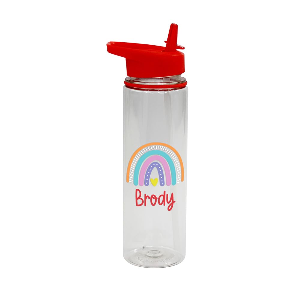Ebuygb Red Personalised Rainbow Flip Straw Bottle, Colou Lid, Children’s Drinks Bottle, Primary School, Nursery Water Bottle, Back To School Bottle (Red)