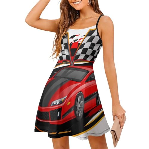 Robe d'été rouge pour femme à bretelles motif voiture de course