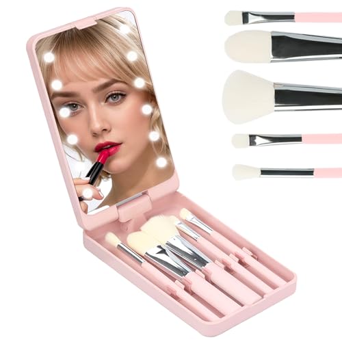 Pink Pocket Mirror with Led Light, 5 Makeup Brushes, Folding, Rechargeable, Dimmable, Compact Travel Mirror for Purse, Handbag