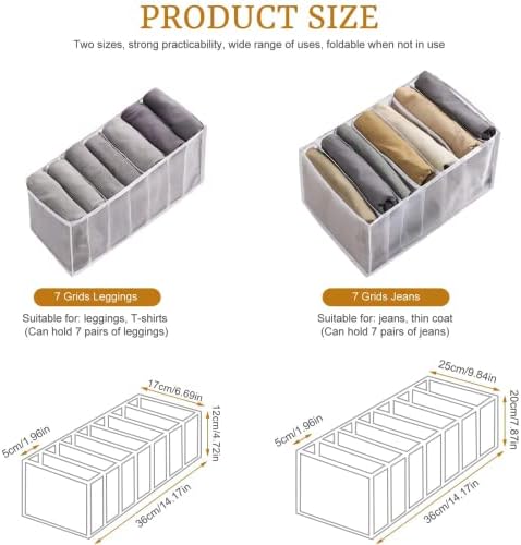 RONGRONG 2 Packs Wardrobe Clothes Organizer, Washable Jeans Compartment Storage Box, Foldable Visible Wardrobe Closet Drawer Organizer for Jeans and Leggings (36*25*20cm+36*17*12cm, 7 Grids)