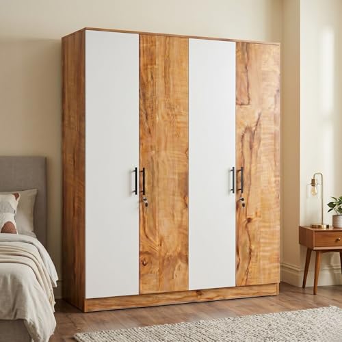 Image of FFO Tokyo 4 Door Wooden Wardrobe for Bedroom with Hanging Rod, Shelves & Lock | Modern Clothes Storage Almirah /Cabinet with White & Coach Wood | Wardrobe Organizer for Clothes, Dresses DIY.