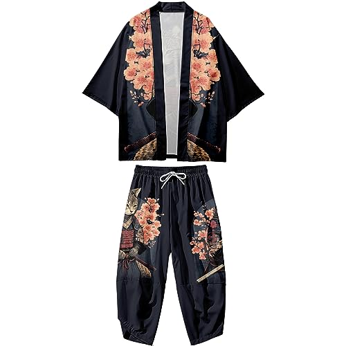 Image of DOSLAVIDA Men's Japanese Kimono Cardigan Suit Chinese Style Printed Jacket Pants Set Open Front Seven Sleeve Top & Shorts