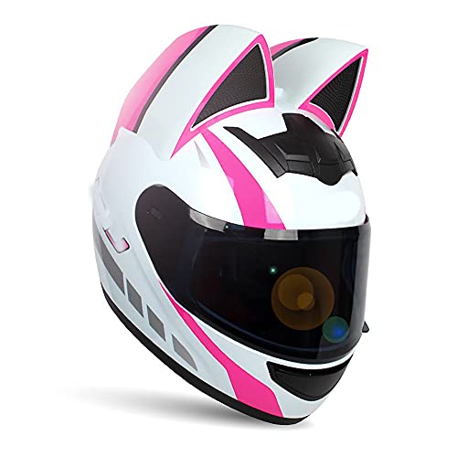 Fille Femmes Casque de moto Casque d'oreille de chat DOT/Ececertified Casque de moto intégral Casques MOTO quatre saisons avec pare-soleil pour Street Bike Racing Motocross ATV 6,S