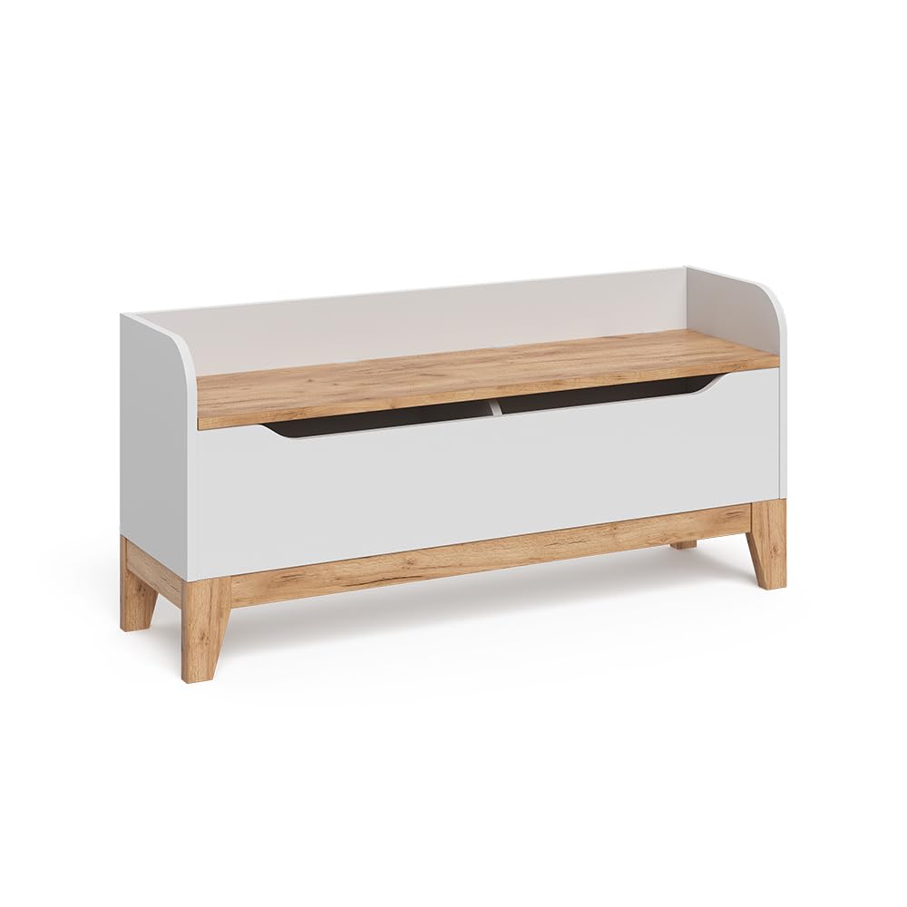 VitaliSpa Cassapanca per giocattoli Malia, Bianco/Artisan, 107.2 x 50 cm con sedile, con spazio contenitivo e combinabile con altri mobili Malia