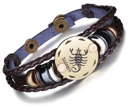 Unendlich U Punk Modisch 12 Sternbilder Sternzeichen Herren Damen Charm Armband Geflochten Leder Legierung Multilayer Braun Armreifen, Skorpion(Scorpio)